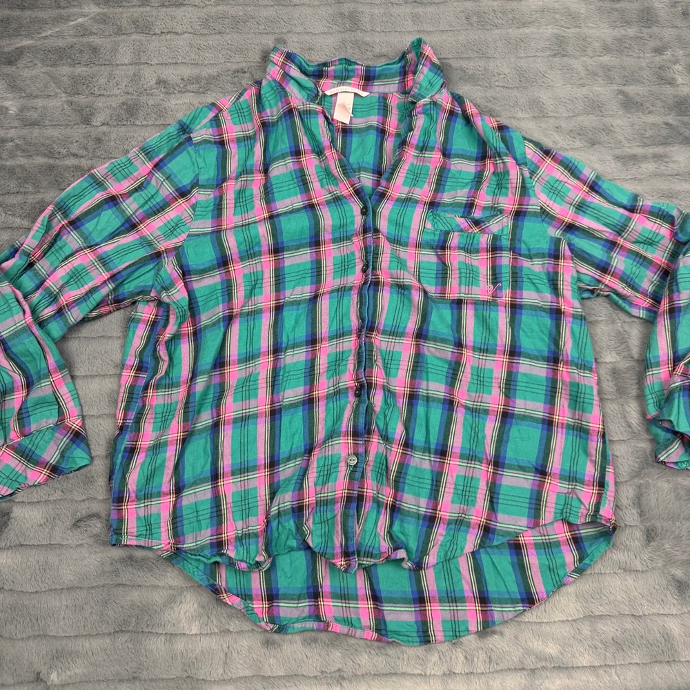 Victorias Secret Plaid Pajama Top Teal Pink Cotton Modal Button Down Large